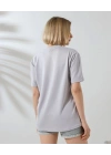 Kadın Bisiklet Yaka Baskılı Slim Fit T-Shirt - Boyalı Gri