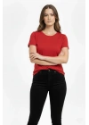 Kadın Bisiklet Yaka Slim Fit Likralı Tişört - Kırmızı