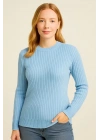 Kadın Bisiklet Yaka Triko Kazak Pamuklu Kalın Fitilli Dokuma - Bebe Mavisi