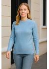 Kadın Bisiklet Yaka Triko Kazak Pamuklu Kalın Fitilli Dokuma - Bebe Mavisi