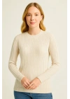 Kadın Bisiklet Yaka Triko Kazak Pamuklu Kalın Fitilli Dokuma Regular Fit - Bej