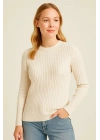 Kadın Bisiklet Yaka Triko Kazak Pamuklu Kalın Fitilli Dokuma Regular Fit - Bej