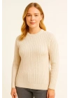 Kadın Bisiklet Yaka Triko Kazak Pamuklu Kalın Fitilli Dokuma Regular Fit - Bej