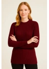 Kadın Bisiklet Yaka Triko Kazak Pamuklu Kalın Fitilli Dokuma Regular Fit - Bordo