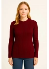 Kadın Bisiklet Yaka Triko Kazak Pamuklu Kalın Fitilli Dokuma Regular Fit - Bordo