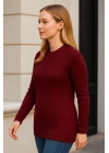 Kadın Bisiklet Yaka Triko Kazak Pamuklu Kalın Fitilli Dokuma Regular Fit - Bordo
