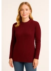 Kadın Bisiklet Yaka Triko Kazak Pamuklu Kalın Fitilli Dokuma Regular Fit - Bordo
