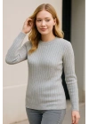 Kadın Bisiklet Yaka Triko Kazak Pamuklu Kalın Fitilli Dokuma Regular Fit - Gri