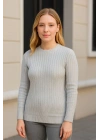 Kadın Bisiklet Yaka Triko Kazak Pamuklu Kalın Fitilli Dokuma Regular Fit - Gri