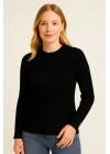 Kadın Bisiklet Yaka Triko Kazak Pamuklu Kalın Fitilli Dokuma Regular Fit -  Siyah