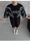 Kadın Bisiklet Yaka Yıldırım Baskılı  Kısa kol Oversize T-Shirt - Siyah
