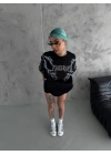 Kadın Bisiklet Yaka Yıldırım Baskılı  Kısa kol Oversize T-Shirt - Siyah