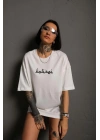 Kadın Bisiklet Yakalı Sırt Baskılı  Kısa kol Oversize T-Shirt - Beyaz