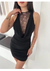 Kadın Dantel Detaylı Derin Dekolte Drapeli Mini Elbise Şık Kolsuz - Siyah