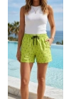Kadın Deniz Şortu Fermuarlı Cepli File Astarlı Hızlı Kuruyan Premium - Neon Yeşili