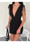 Kadın Derin V Yaka Etek Görünümlü Şortlu Elbise Drapeli Mini Yazlık - Siyah