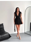 Kadın Derin V Yaka Etek Görünümlü Şortlu Elbise Drapeli Mini Yazlık - Siyah