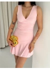 Kadın Derin V Yaka Sırt Dekolteli Mini Elbise Drapeli Şık Kolsuz - Pembe