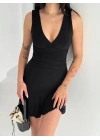 Kadın Derin V Yaka Sırt Dekolteli Mini Elbise Drapeli Şık Kolsuz - Siyah