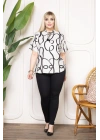 Kadın Desenli Püsküllü Viskon Bluz Bebe Yaka Battal Beden Kısa Kol