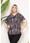 Kadın Desenli Püsküllü Viskon Bluz Bebe Yaka Battal Beden Kısa Kol