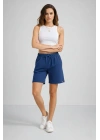 Kadın Dokuma otoban Şort Beli Lastikli Bağcıklı Cepli Kesim Şort - İndigo