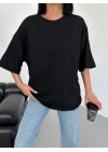 Kadın Düz T-Shirt Kısa Kol Bisiklet Yaka Oversize Tişört - Siyah
