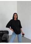 Kadın Düz T-Shirt Kısa Kol Bisiklet Yaka Oversize Tişört - Siyah