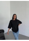 Kadın Düz T-Shirt Kısa Kol Bisiklet Yaka Oversize Tişört - Siyah