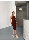 Kadın Fırfır Detaylı Triko Elbise- Kahverengi