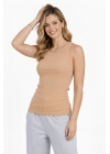 Kadın Fitilli Atlet Sıfır Yaka Slim Fit Arka Baskılı Spor Atlet - Bej