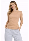 Kadın Fitilli Atlet Sıfır Yaka Slim Fit Arka Baskılı Spor Atlet - Bej