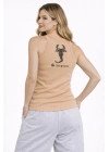 Kadın Fitilli Atlet Sıfır Yaka Slim Fit Arka Baskılı Spor Atlet - Bej