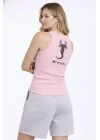 Kadın Fitilli Atlet Sıfır Yaka Slim Fit Arka Baskılı Spor Atlet - Pembe