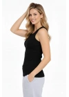 Kadın Fitilli Atlet Sıfır Yaka Slim Fit Arka Baskılı Spor Atlet - Siyah