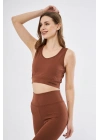 Kadın Fitilli Baskılı Crop - Kahve