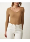 Kadın Fitilli Likralı Body Crop - Camel