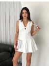 Kadın Göğüs Bağlamalı Kolsuz Mini Boy Elbise - Beyaz