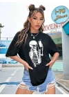 Kadın iskelet Baskılı T-Shirt Kısa Kol Bisiklet Yaka Oversize Tişört - Siyah