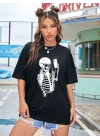 Kadın iskelet Baskılı T-Shirt Kısa Kol Bisiklet Yaka Oversize Tişört - Siyah