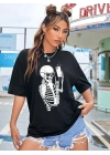 Kadın iskelet Baskılı T-Shirt Kısa Kol Bisiklet Yaka Oversize Tişört - Siyah