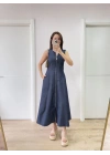 Kadın Jeans Kot Önü Tam Fermuarlı  Uzun Elbise - Mavi
