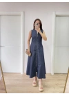 Kadın Jeans Kot Önü Tam Fermuarlı  Uzun Elbise - Mavi
