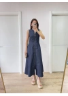 Kadın Jeans Kot Önü Tam Fermuarlı  Uzun Elbise - Mavi