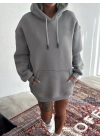 Kadın Kapüşonlu Kanguru Cepli 3 İplik Pamuklu Oversize Hoodie Sweatshirt -  Boyalı Gri