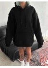 Kadın Kapüşonlu Kanguru Cepli 3 İplik Pamuklu Oversize Hoodie Sweatshirt - Siyah