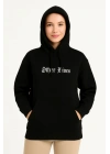 Kadın Kapüşonlu Kanguru Cepli Sweatshirt 3 İplik Pamuklu Baskılı Hoodie - Siyah