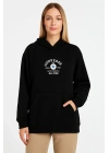 Kadın Kapüşonlu Kanguru Cepli Sweatshirt 3 İplik Pamuklu Baskılı Hoodie - Siyah