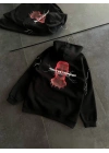 Kadın Kapüşonlu Kanguru Cepli Sweatshirt 3 İplik Pamuklu Baskılı Hoodie - Siyah