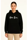 Kadın Kapüşonlu Kanguru Cepli Sweatshirt 3 İplik Pamuklu Baskılı Hoodie - Siyah